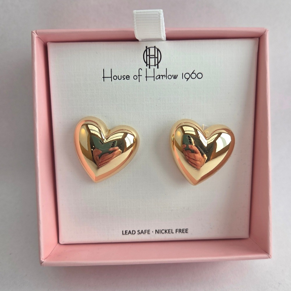 House of Harlow 1960 Heart Earrings Womens OS Gold NIB Puffed Studs